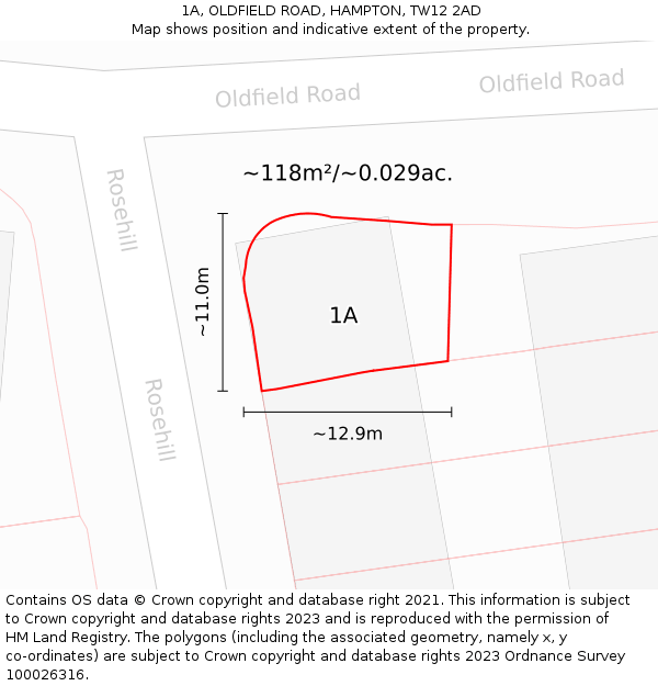 1A, OLDFIELD ROAD, HAMPTON, TW12 2AD: Plot and title map