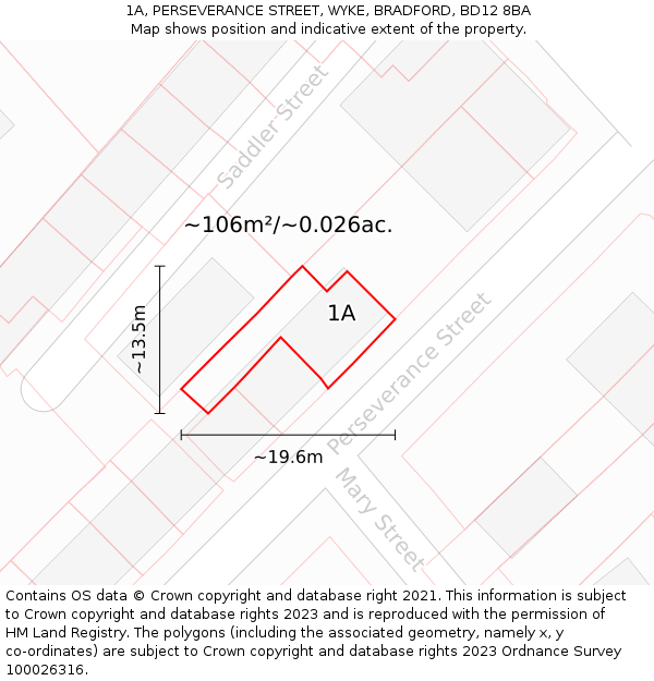1A, PERSEVERANCE STREET, WYKE, BRADFORD, BD12 8BA: Plot and title map
