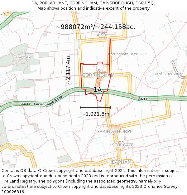 1A, POPLAR LANE, CORRINGHAM, GAINSBOROUGH, DN21 5QL: Plot and title map