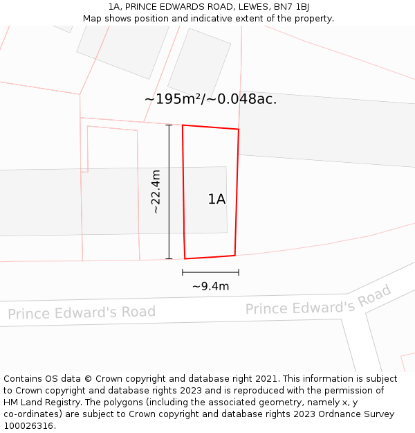 1A, PRINCE EDWARDS ROAD, LEWES, BN7 1BJ: Plot and title map