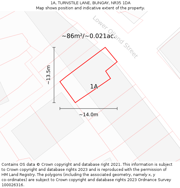 1A, TURNSTILE LANE, BUNGAY, NR35 1DA: Plot and title map