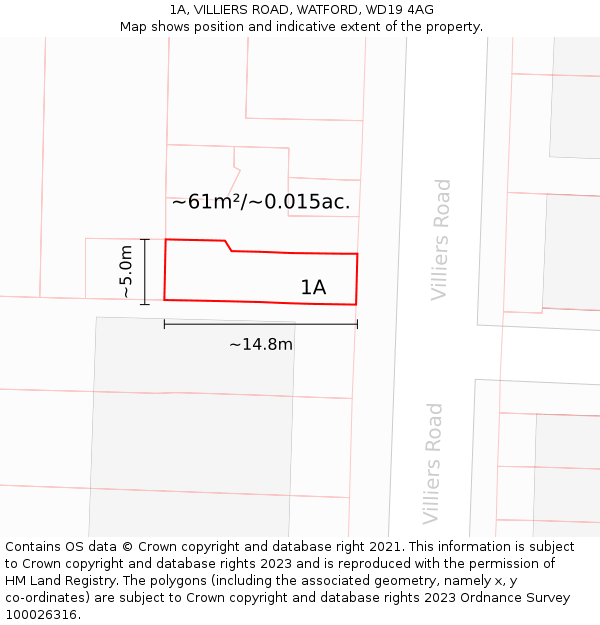 1A, VILLIERS ROAD, WATFORD, WD19 4AG: Plot and title map