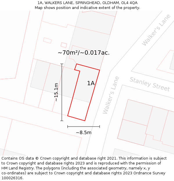 1A, WALKERS LANE, SPRINGHEAD, OLDHAM, OL4 4QA: Plot and title map
