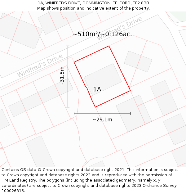 1A, WINIFREDS DRIVE, DONNINGTON, TELFORD, TF2 8BB: Plot and title map