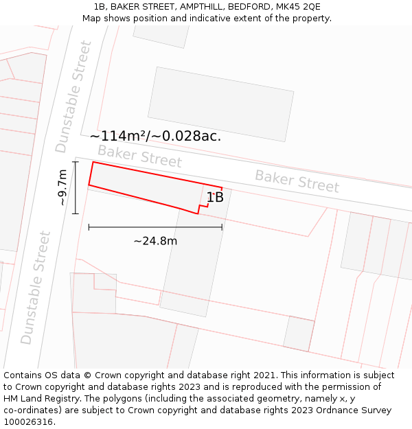 1B, BAKER STREET, AMPTHILL, BEDFORD, MK45 2QE: Plot and title map