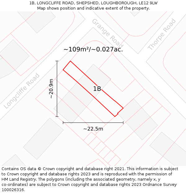1B, LONGCLIFFE ROAD, SHEPSHED, LOUGHBOROUGH, LE12 9LW: Plot and title map