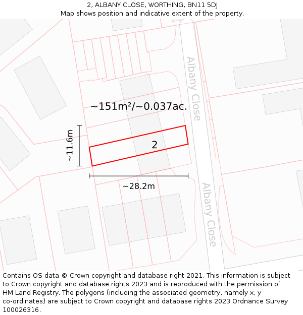 2, ALBANY CLOSE, WORTHING, BN11 5DJ: Plot and title map