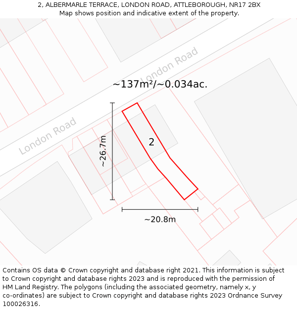2, ALBERMARLE TERRACE, LONDON ROAD, ATTLEBOROUGH, NR17 2BX: Plot and title map