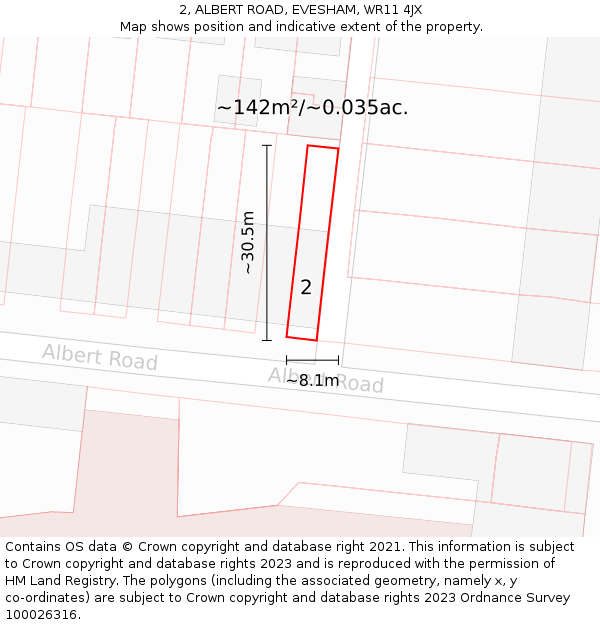 2, ALBERT ROAD, EVESHAM, WR11 4JX: Plot and title map