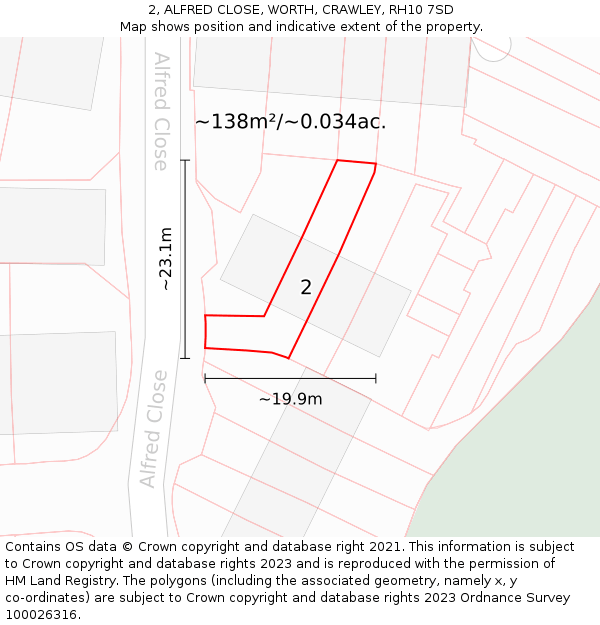 2, ALFRED CLOSE, WORTH, CRAWLEY, RH10 7SD: Plot and title map