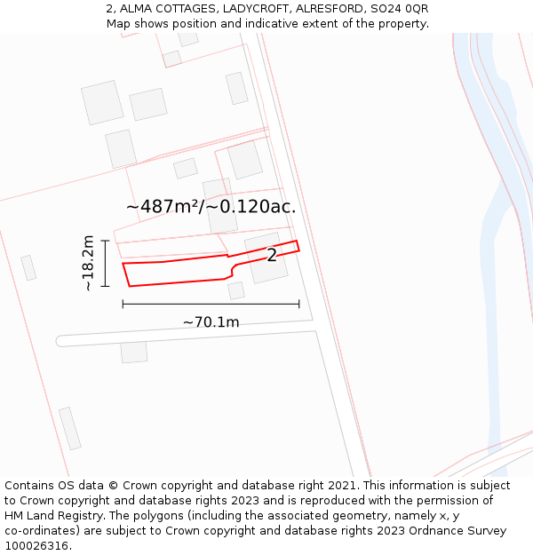 2, ALMA COTTAGES, LADYCROFT, ALRESFORD, SO24 0QR: Plot and title map