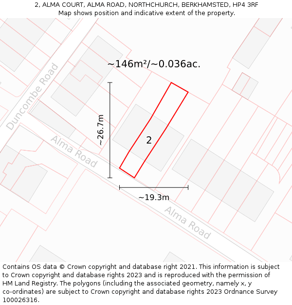 2, ALMA COURT, ALMA ROAD, NORTHCHURCH, BERKHAMSTED, HP4 3RF: Plot and title map