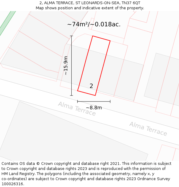 2, ALMA TERRACE, ST LEONARDS-ON-SEA, TN37 6QT: Plot and title map