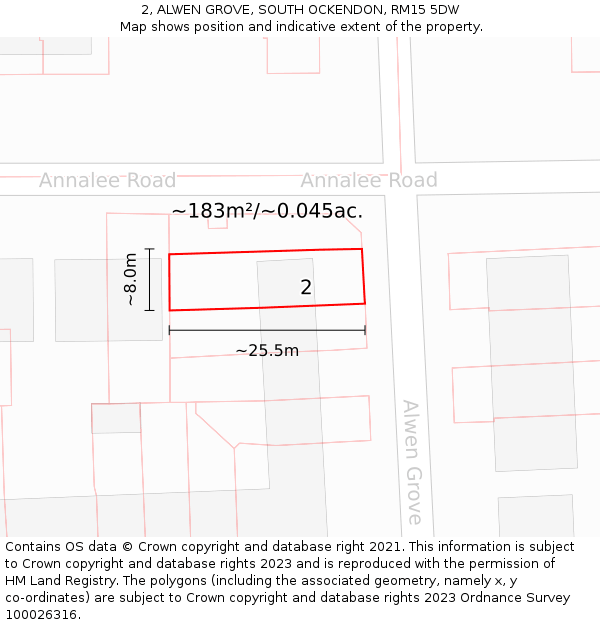 2, ALWEN GROVE, SOUTH OCKENDON, RM15 5DW: Plot and title map