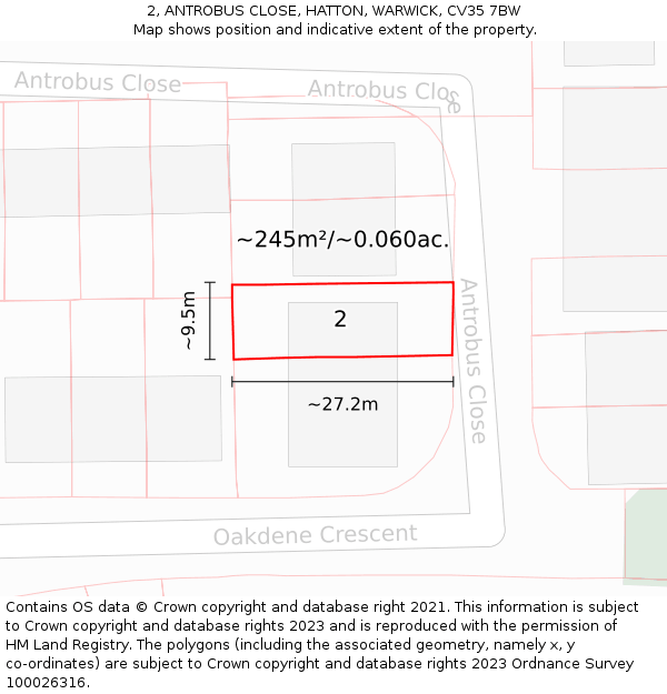 2, ANTROBUS CLOSE, HATTON, WARWICK, CV35 7BW: Plot and title map