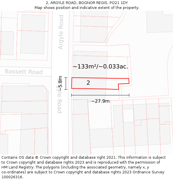 2, ARGYLE ROAD, BOGNOR REGIS, PO21 1DY: Plot and title map