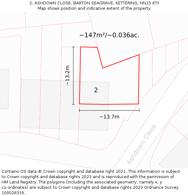 2, ASHDOWN CLOSE, BARTON SEAGRAVE, KETTERING, NN15 6TY: Plot and title map