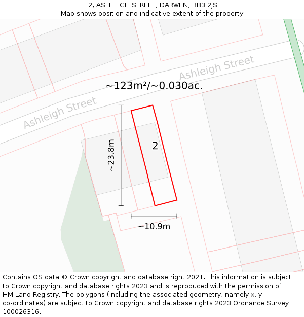 2, ASHLEIGH STREET, DARWEN, BB3 2JS: Plot and title map