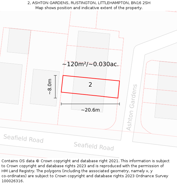 2, ASHTON GARDENS, RUSTINGTON, LITTLEHAMPTON, BN16 2SH: Plot and title map