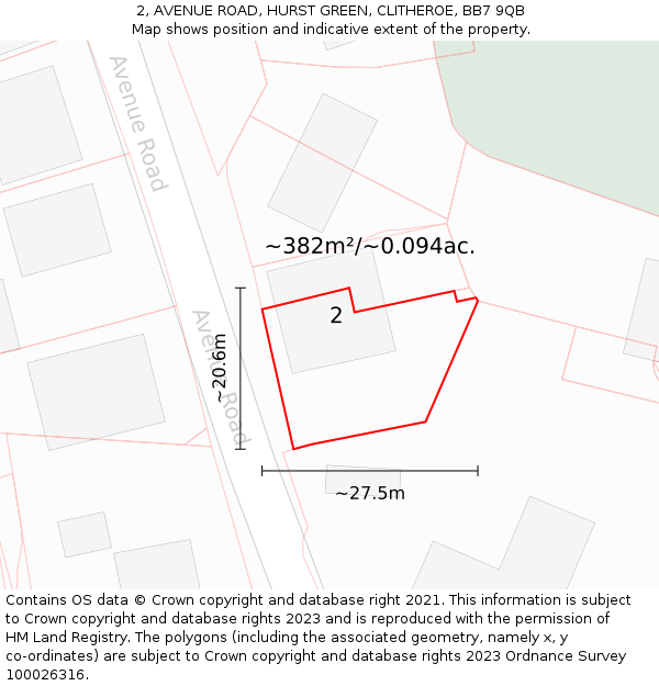 2, AVENUE ROAD, HURST GREEN, CLITHEROE, BB7 9QB: Plot and title map