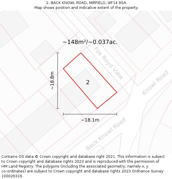 2, BACK KNOWL ROAD, MIRFIELD, WF14 9SA: Plot and title map