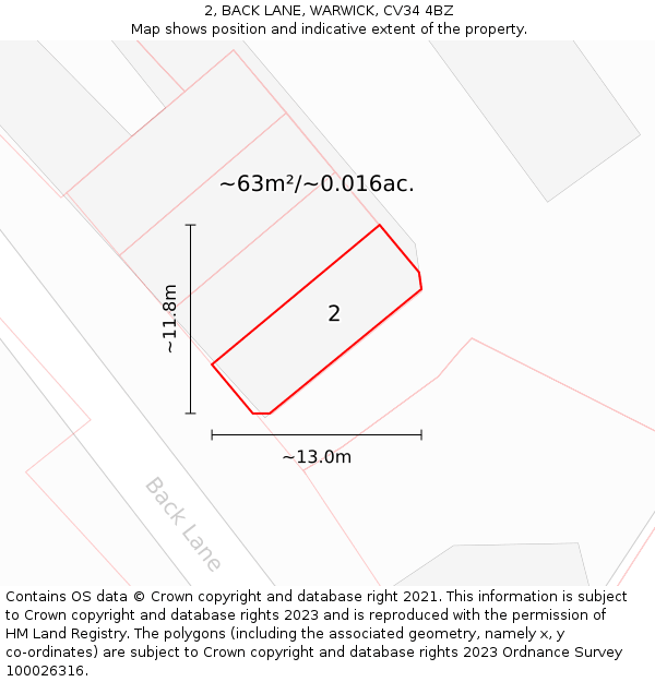 2, BACK LANE, WARWICK, CV34 4BZ: Plot and title map