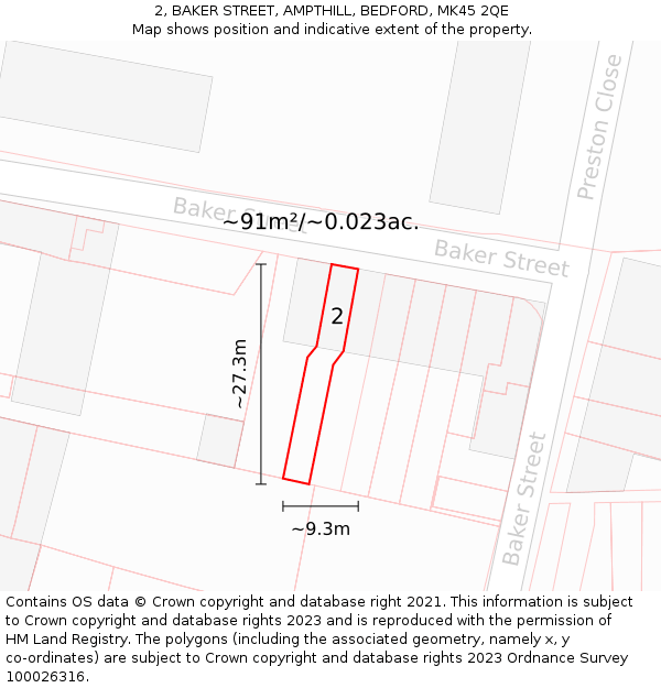 2, BAKER STREET, AMPTHILL, BEDFORD, MK45 2QE: Plot and title map