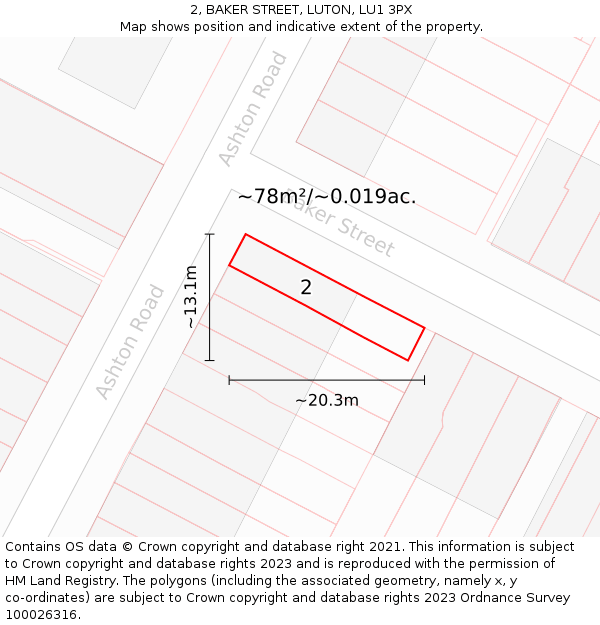 2, BAKER STREET, LUTON, LU1 3PX: Plot and title map
