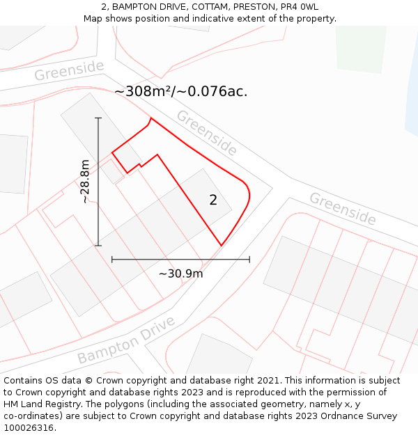 2, BAMPTON DRIVE, COTTAM, PRESTON, PR4 0WL: Plot and title map