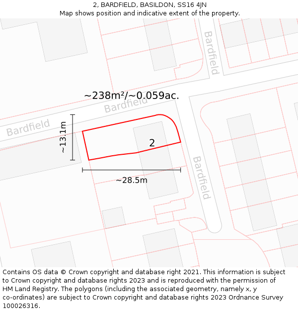 2, BARDFIELD, BASILDON, SS16 4JN: Plot and title map