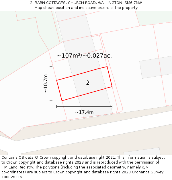 2, BARN COTTAGES, CHURCH ROAD, WALLINGTON, SM6 7NW: Plot and title map
