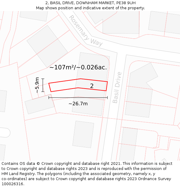 2, BASIL DRIVE, DOWNHAM MARKET, PE38 9UH: Plot and title map