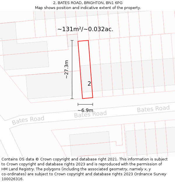 2, BATES ROAD, BRIGHTON, BN1 6PG: Plot and title map