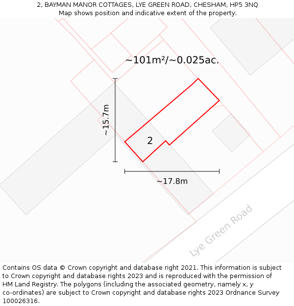 2, BAYMAN MANOR COTTAGES, LYE GREEN ROAD, CHESHAM, HP5 3NQ: Plot and title map
