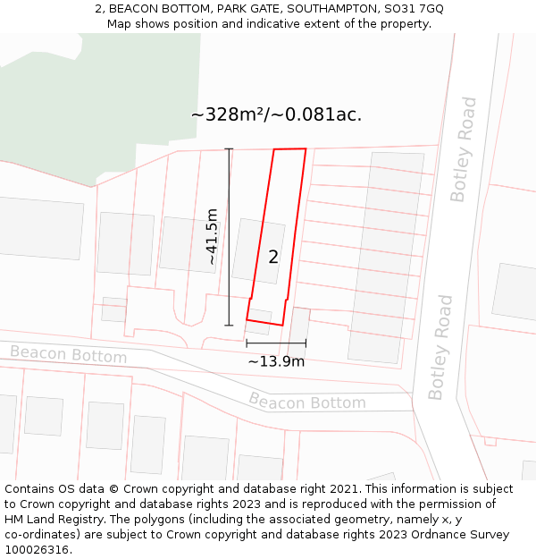 2, BEACON BOTTOM, PARK GATE, SOUTHAMPTON, SO31 7GQ: Plot and title map