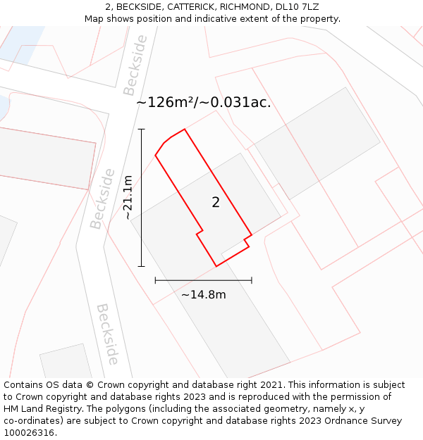 2, BECKSIDE, CATTERICK, RICHMOND, DL10 7LZ: Plot and title map