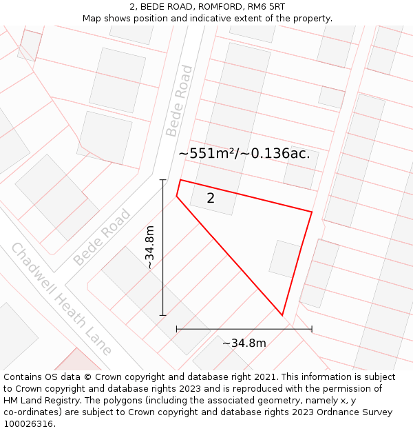 2, BEDE ROAD, ROMFORD, RM6 5RT: Plot and title map