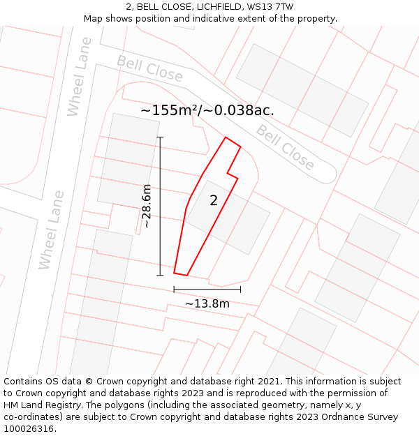 2, BELL CLOSE, LICHFIELD, WS13 7TW: Plot and title map