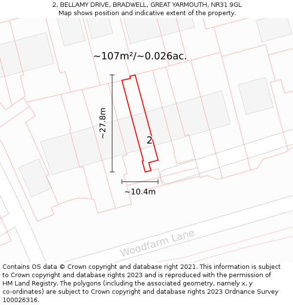 2, BELLAMY DRIVE, BRADWELL, GREAT YARMOUTH, NR31 9GL: Plot and title map