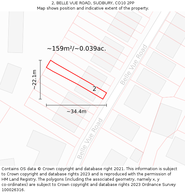 2, BELLE VUE ROAD, SUDBURY, CO10 2PP: Plot and title map