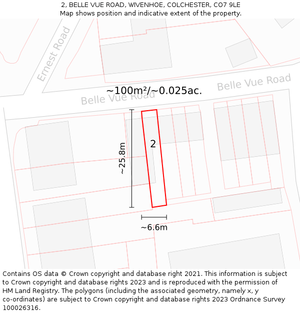 2, BELLE VUE ROAD, WIVENHOE, COLCHESTER, CO7 9LE: Plot and title map