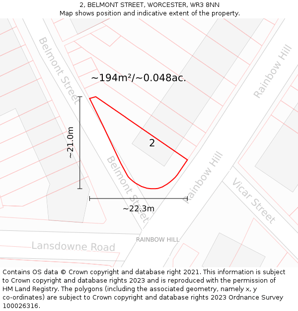 2, BELMONT STREET, WORCESTER, WR3 8NN: Plot and title map