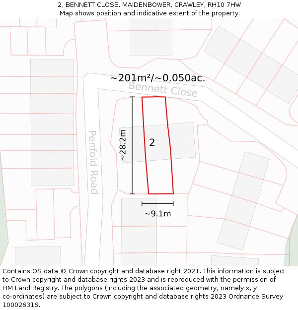 2, BENNETT CLOSE, MAIDENBOWER, CRAWLEY, RH10 7HW: Plot and title map
