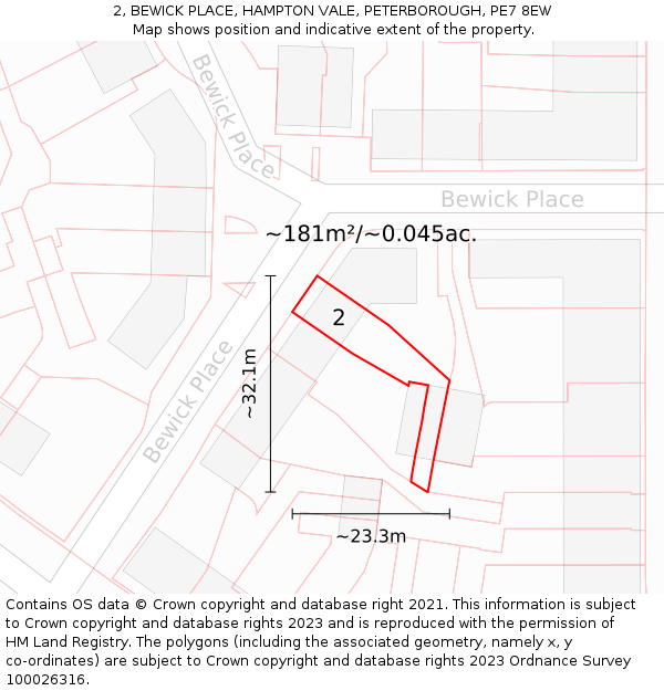 2, BEWICK PLACE, HAMPTON VALE, PETERBOROUGH, PE7 8EW: Plot and title map