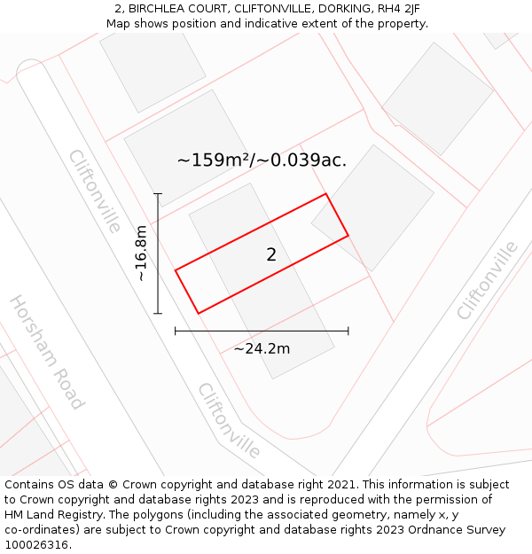 2, BIRCHLEA COURT, CLIFTONVILLE, DORKING, RH4 2JF: Plot and title map