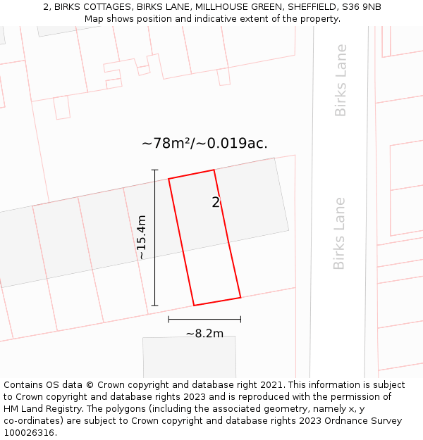 2, BIRKS COTTAGES, BIRKS LANE, MILLHOUSE GREEN, SHEFFIELD, S36 9NB: Plot and title map
