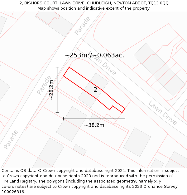 2, BISHOPS COURT, LAWN DRIVE, CHUDLEIGH, NEWTON ABBOT, TQ13 0QQ: Plot and title map