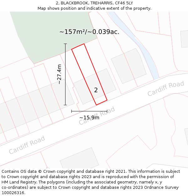2, BLACKBROOK, TREHARRIS, CF46 5LY: Plot and title map