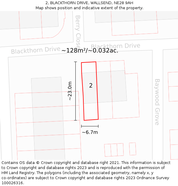 2, BLACKTHORN DRIVE, WALLSEND, NE28 9AH: Plot and title map