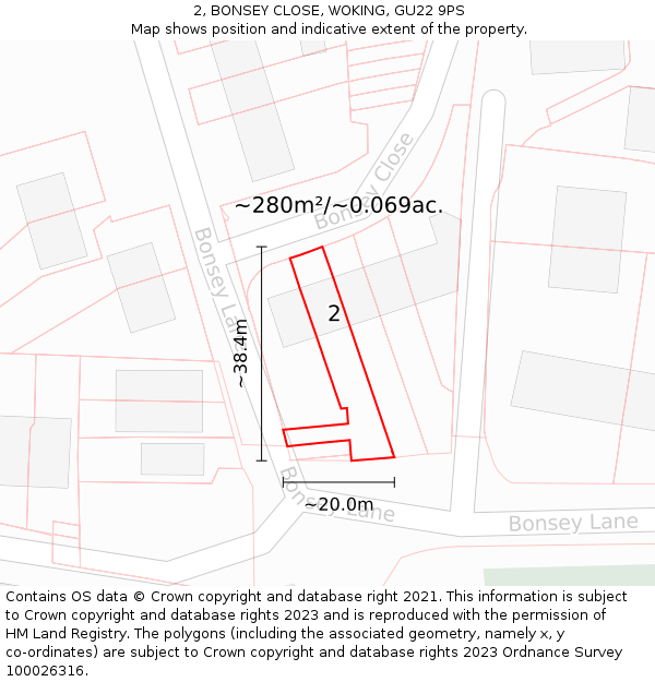 2, BONSEY CLOSE, WOKING, GU22 9PS: Plot and title map